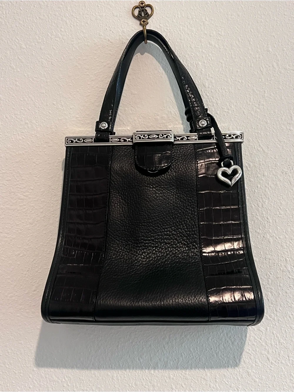 Brighton Black Leather Croc Embossed Handbag